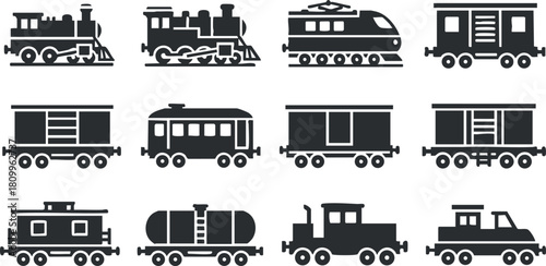 Silhouette vector icon set featuring various train types including locomotives, freight cars, and passenger trains for transportation design.