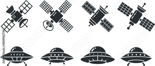 Set of minimalist vector icons featuring satellites and UFOs for technology and space exploration concepts