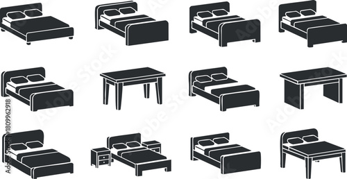 Stylish black and white vector icon set of various bed styles and furniture for interior design projects