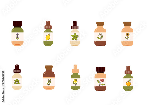 Flat Style Vector Set of Essential Oil Bottles with Botanical Labels . Featuring Lavender, Lemon, Mint, Rose, Jasmine, Tea Tree, Calendula, Orange, Basil and Hypericum. 