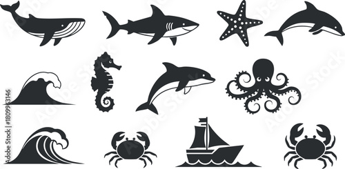 Stylized black and white vector icon set featuring marine animals and elements including whales, sharks, dolphins, and more for creative projects