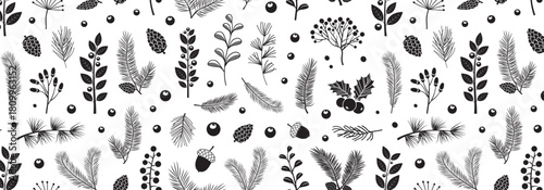 Winter plant set seamless pattern. Fir branch tree, pinecone, holly berry, leaf needle background. Christmas black silhouette spruce, evergreen cedar bg. Autumn nature print. Vector illustration