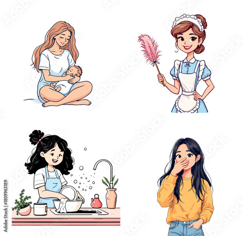 Vsai women daily life and domestic tasks illustration collection