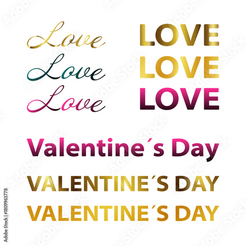 A set of gradient stickers in gold, burgundy and navy blue with the inscriptions "Love" and " Valentine's Day." Suitable for social media, holiday decor, scrapbooking, gifts and packaging. Vector.
