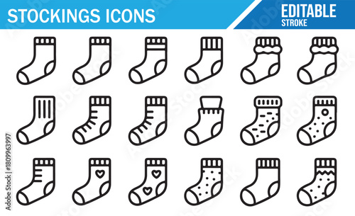 Simple outline icons of casual warm socks and stocking shapes