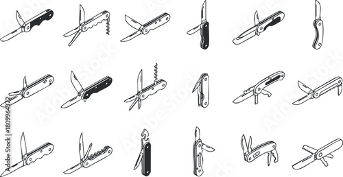Collection of minimalist vector illustrations showcasing various multi-tools and knives for outdoor and utility use