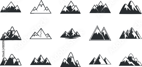 Collection of minimalist mountain vector illustrations in black and white, ideal for outdoor and adventure-themed designs