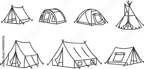 Line art vector illustration of various tent designs, perfect for outdoor and camping-themed projects.