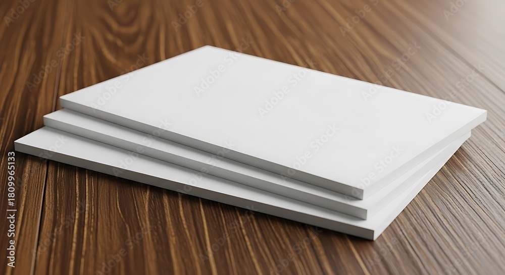 Fototapeta premium Stack of three blank white cards or papers on a rustic wooden table, perfect for business card or flyer mockup