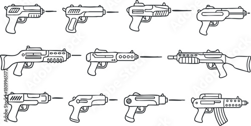 Outline vector illustration set of various gun designs for gaming, action, and military-themed projects
