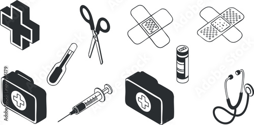 Black and white vector icon set featuring essential medical tools and supplies for healthcare and first aid applications