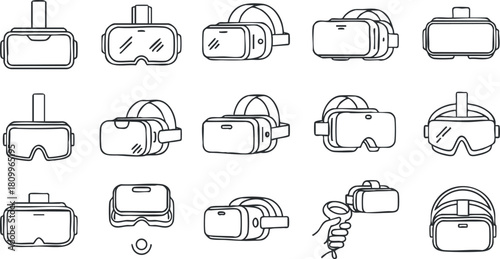 Set of outline vector icons depicting various virtual reality headsets and accessories for gaming and technology projects