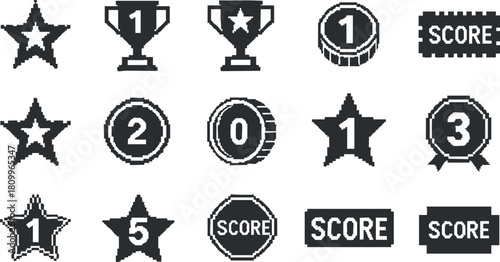 Vector icon set featuring stars, trophies, and score badges in a minimalist style for game design and achievement recognition
