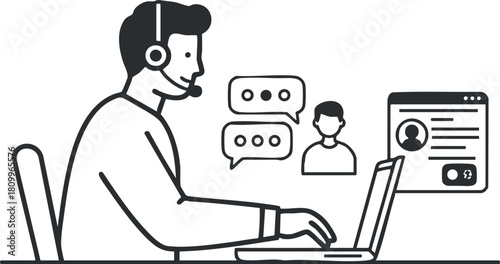 Minimalist vector illustration of a customer service representative using a laptop for online support and communication.