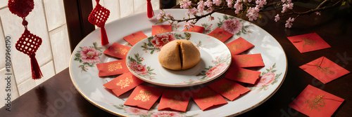 Fortune cookie on hand-painted porcelain plate with red envelopes arranged  