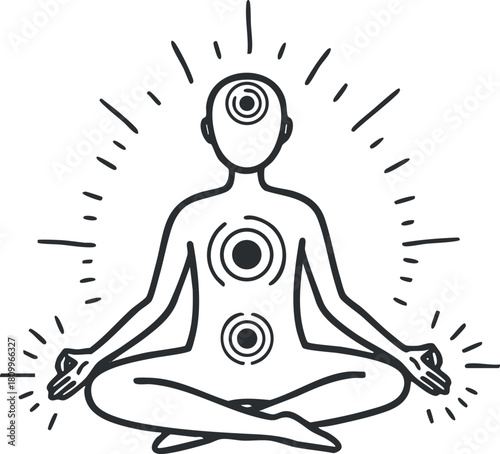 Outline vector illustration of a meditating figure with chakras, representing wellness and spirituality for health and mindfulness projects