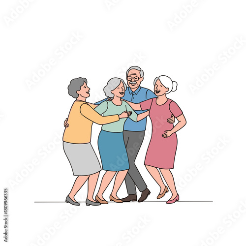 Flat vector illustration of happy senior women friends hugging together