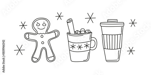 Coffee in a disposable cup. A cup of coffee with cinnamon, marshmallows, and a gingerbread man. Snowfall, snowflakes. Food and drink. Set of linear icons.