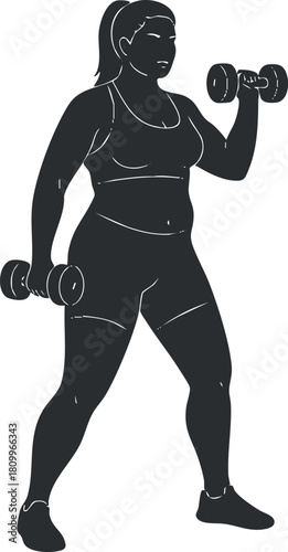 Dynamic vector illustration of a strong woman lifting dumbbells, showcasing fitness and strength training for health and wellness.