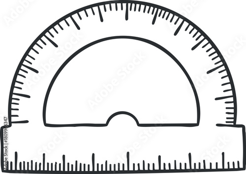 Outline vector illustration of a protractor tool for geometric measurements, ideal for educational materials and design projects