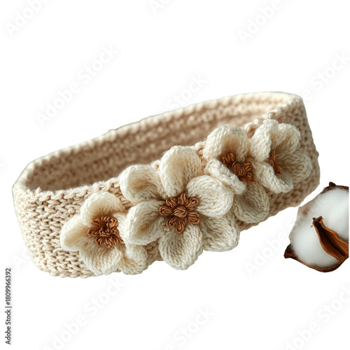 Hand-knitted cream cotton headband with decorative floral accents, showcasing natural fiber craftsmanship