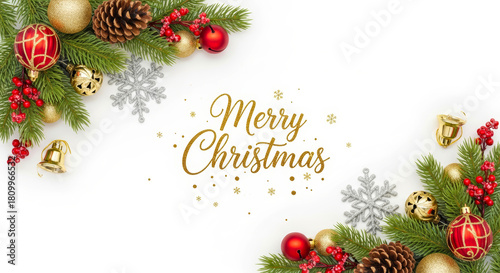 Christmas decoration with pine branches, ornaments, and pinecones on white background