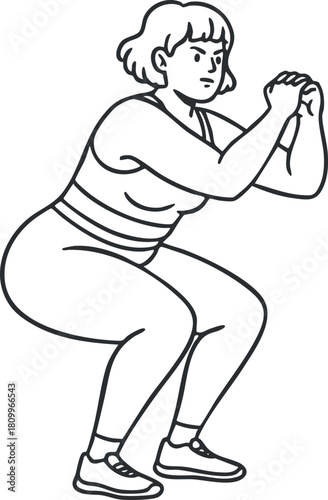 Line art illustration of a woman performing squats, ideal for fitness and health related projects