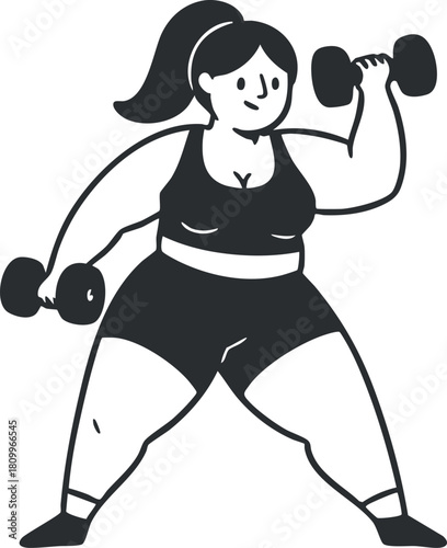 Stylish vector illustration of a woman lifting dumbbells, showcasing fitness and strength in a dynamic pose for health-related design projects