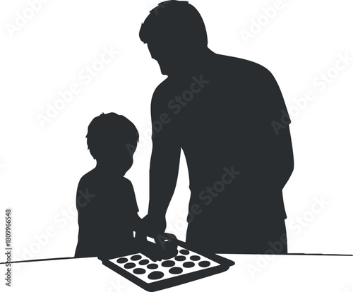 Silhouette vector illustration of a parent and child engaged in a creative activity together, ideal for educational and family-themed design projects