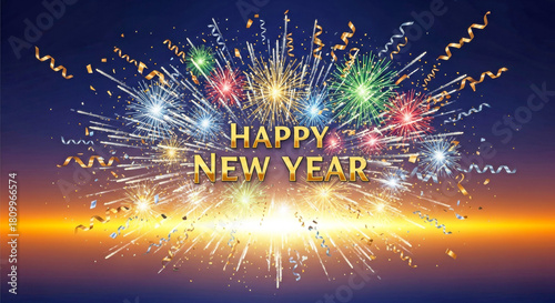 Colorful fireworks explosion with Happy New Year text on dark background