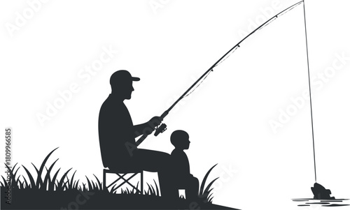 Silhouette vector illustration of a father and son fishing together by a lake, ideal for family bonding themes and outdoor activities.