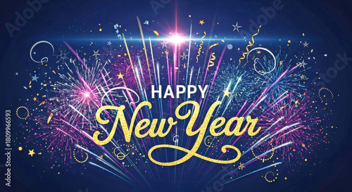 Happy New Year text with colorful fireworks and confetti on dark blue background