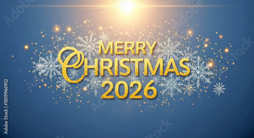 Golden Merry Christmas 2026 text with sparkling lights and snowflakes on blue background