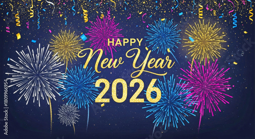 New Year 2026 celebration fireworks with colorful lights on dark background