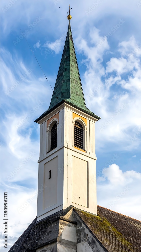 Fototapeta premium Close-up of church steeple against a blue, cloudy sky