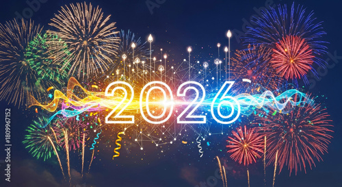 Colorful fireworks display with 2026 glowing text celebration at night