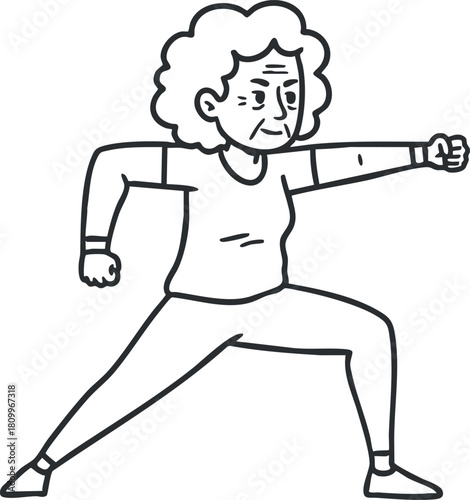 Line art vector illustration of an elderly woman performing an exercise pose for fitness and wellness themes