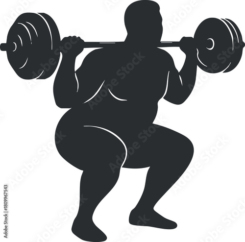 Bold silhouette vector illustration of a heavyset individual performing a squat with a barbell, ideal for fitness and health projects