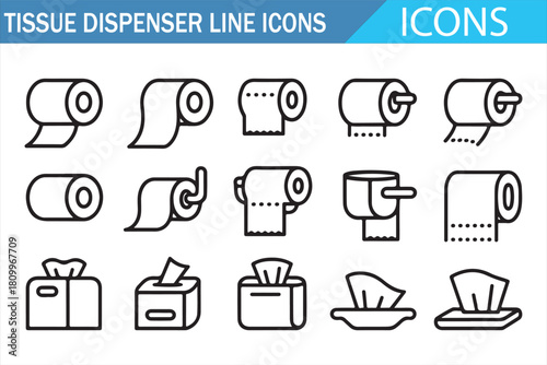 Minimalist line icons of tissue dispensers, including toilet paper rolls, napkin holders, paper towel dispensers, and hygiene tissue boxes in a clean outline vector style for sanitation and restroom s