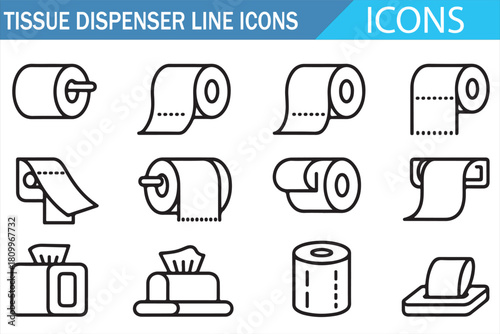 Line style tissue dispenser icons for bathroom and hygiene supplies