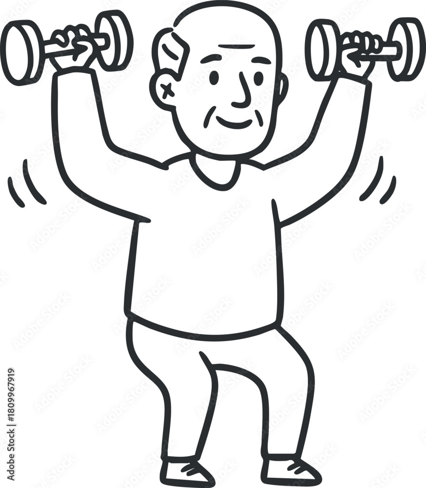 Fototapeta premium Line art illustration of an elderly man lifting dumbbells, promoting fitness and healthy aging in a cheerful style.