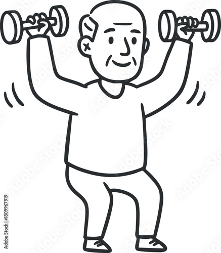 Line art illustration of an elderly man lifting dumbbells, promoting fitness and healthy aging in a cheerful style.