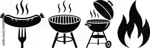Grill and barbecue icons: sausage, charcoal grill, fire flame