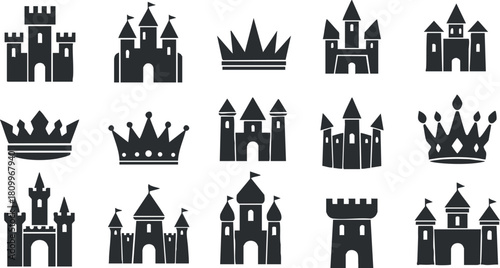 Set of minimalist black silhouettes featuring various castle designs and crowns for fantasy-themed projects