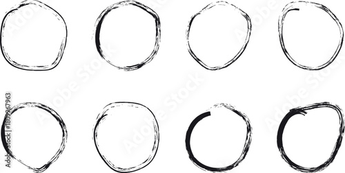 Hand drawn oval frames set grunge rough edges black and white