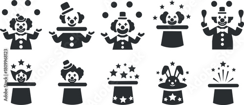 Playful black and white vector illustration of clowns performing magic tricks, juggling, and entertaining audiences for circus themes