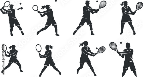 Dynamic silhouette vector illustration set of people playing tennis, suitable for sports branding and fitness projects