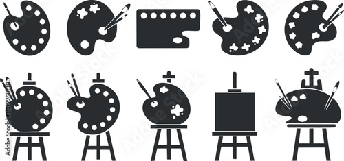 Set of minimalist black silhouette vector icons depicting artist palettes, easels, and paintbrushes for creative design projects