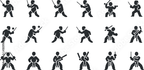Collection of black silhouette vector icons depicting various martial arts poses and techniques for sports and fitness design