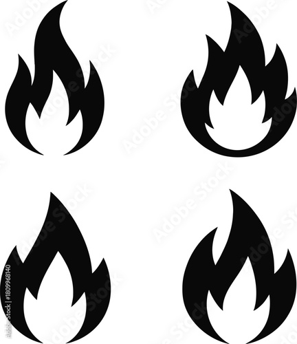 Collection of abstract fire flame icons set, black simple symbol